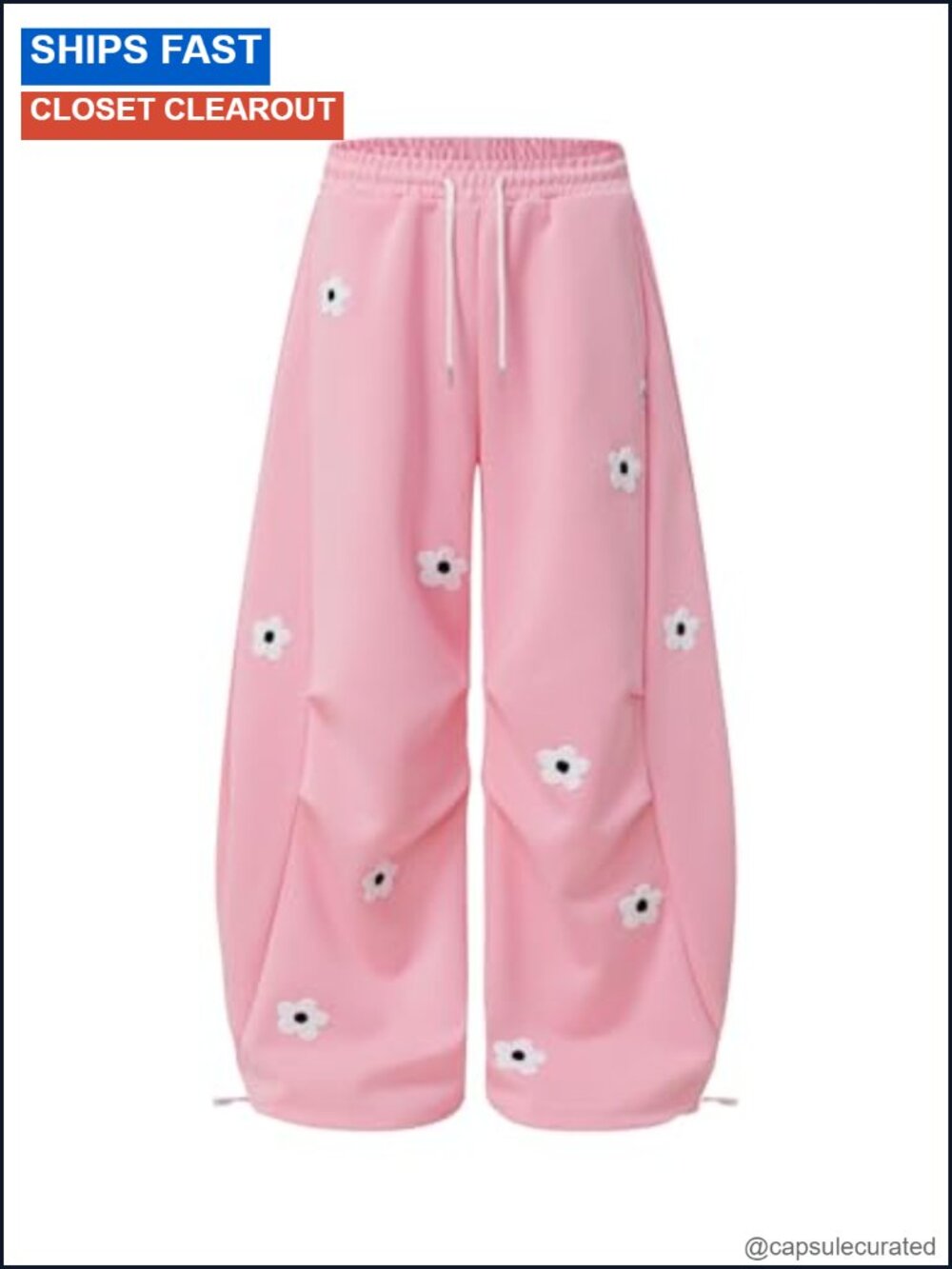 Flower Embroidered Baggy Wide Leg Barrel Sweatpants Y2K Drawstring Lounge Pants